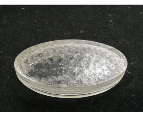 A Lalique glass trinket box of oval form, approx width 11cm.