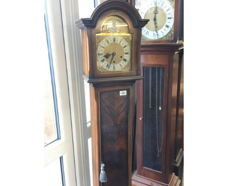 A modern walnut long case clock with a brass dial and silver chapter ring - NO RESERVE