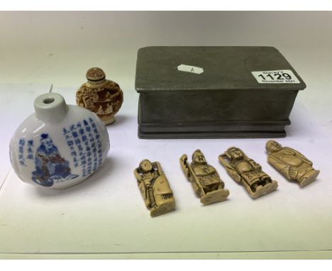 A small oriental pewter box together with a collection of small items including a small blue and white porcelain snuff bottle