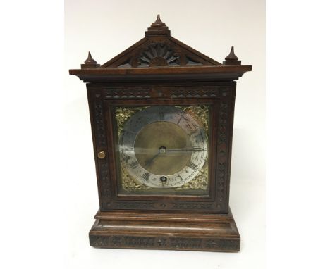 A carved Walnut Edwardian mantel clock with a brass dial and silver chapter ring key no pendulum - NO RESERVE