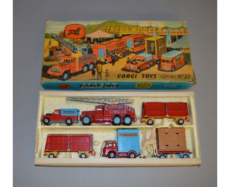 A boxed Corgi Toys Gift Set No. 23 Circus Models - set variant including Crane Truck, two Cage trailers,&nbsp; Land Rover and