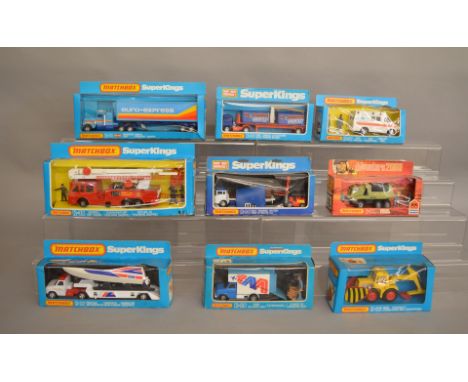 8 Matchbox models from the 'SuperKings' range, all in window box packaging, including K-39 Snorkel Fire Engine. A boxed K-200