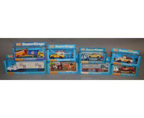 8 Matchbox models from the 'SuperKings' range, all in window box packaging, including K-75 Airport Fire Tender  and K-87 Trac