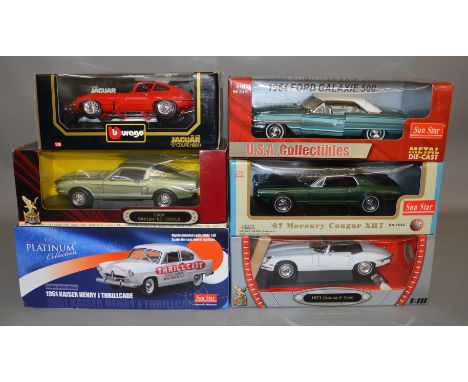 6 boxed 1:18 scale Cars, including three  different Sunstar American Car models including a Ford Galaxie 500 and a Mercury Co