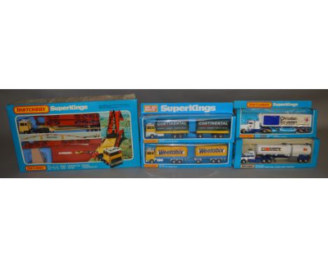 5 Matchbox models from the 'SuperKings' range, all in window box packaging, including K-44 Bridge Layer  and K-103 Tanker Tru