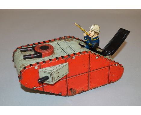 A scarce vintage unboxed German tinplate clockwork Tank model, approximately 24cm long, with fixed key and operational mechan