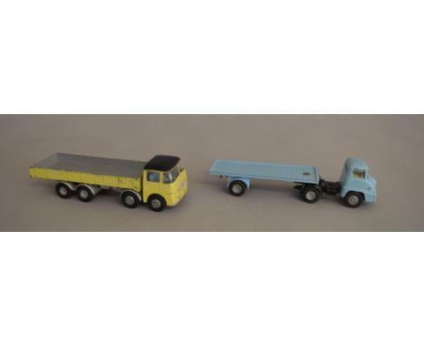 2 unboxed Tri-ang Spot On diecast Lorry models with varying degrees of play wear,, 109/3 ERF 68g Flat Float with Sides in lem