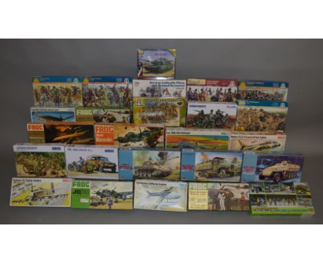 25 boxed Military and Aviation related Model Kits by Hasegawa, Frog, Italeri and others including a Fujimi 'Kubel Wagen BMW R