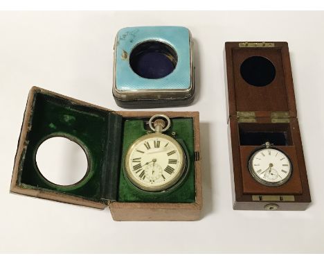 SILVER &amp; ENAMEL TRAVEL WATCH CASE &amp; WOODEN BOXED SILVER POCKET WATCH