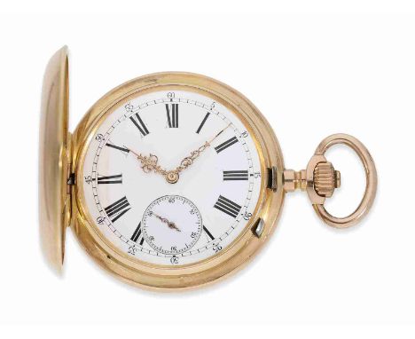 Taschenuhr: hochwertiges, schweres Schweizer Wippen-Chronometer, um 1900: Ca. Ø53mm, ca. 114g, 18K Rotgold, Savonnette mit 3 