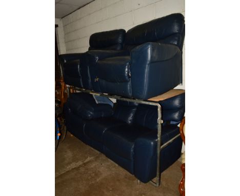 A BLUE LEATHER THREE PIECE LOUNGE SUITE, comprising of a three seater reclining settee, an electric reclining armchair and a 
