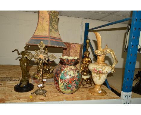 SIX ITEMS COMPRISING OF A PAIR OF GILT METAL FIGURAL TABLE LAMPS, (with shades), reproduction Satsuma style vase, a Doulton B