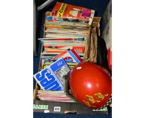 A BOX OF SUNDRIES, to include a Cromwell Headwear Motorcycling helmet with goggles, ordnance survey maps, records, magazines 