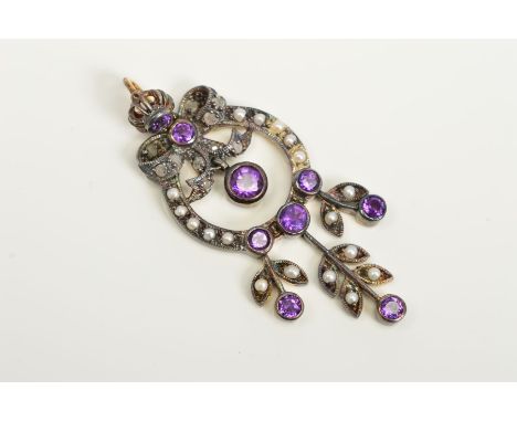 AN AMETHYST, SPLIT PEARL AND DIAMOND PENDANT, designed as a diamond set bow with central circular amethyst leading to an open