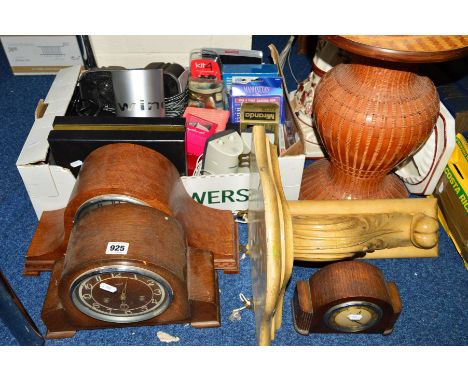 THREE OAK CASED MANTEL CLOCKS, BOX OF SUNDRIES AND LOOSE, including a corner shelf, cameras, speakers and other technology