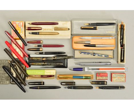 A BOX OF VINTAGE AND MODERN FOUNTAIN AND OTHER PENS, including Summit, Sheaffers, Osmiroid, Miles Martin Biro, together with 