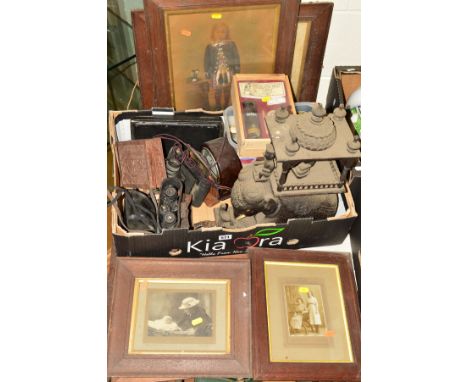 A BOX OF SUNDRY ITEMS AND LOOSE PHOTOGRAPHS etc, to include a pair of binoculars, retailed by Negretti and Zambra, by Carl Ze