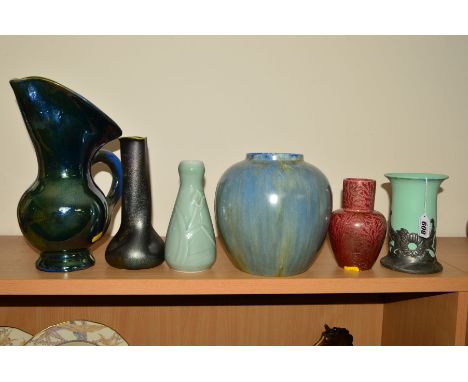 A GROUP OF STUDIO POTTERY to include Dicker Ware, Sussex vase, with pewter mounts, height 16cm (paint fleck), a lustre glaze 