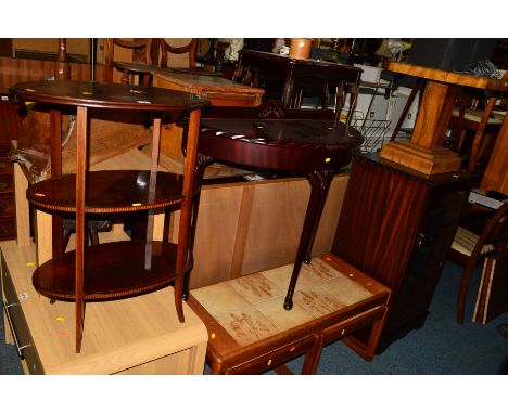 AN EDWARDIAN MAHOGANY AND INLAID OVAL THREE TIER STAND, together with a mahogany demi lune hall table, teak tile top nest/cof