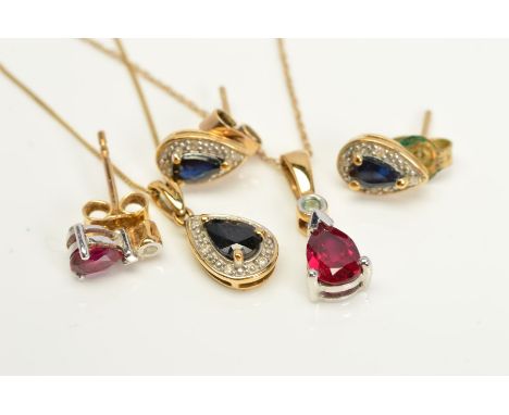 TWO MODERN GEM SET EARRING AND PENDANT SETS, a ruby and diamond pear shape design (one earring missing) and a pear shaped dar