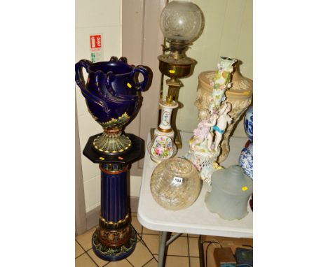 CERAMIC ITEMS ETC, to include a stoneware waterfilter, jardiniere and stand, enamel and gilt table lamp, Meissen style candle