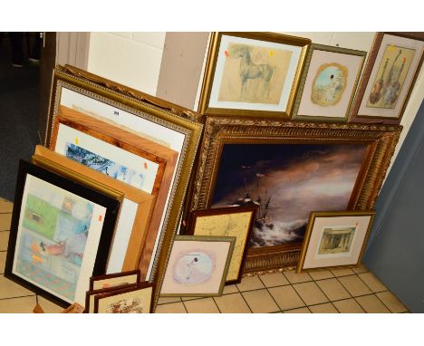A COLLECTION OF PICTURES AND PRINTS to include a large ornate gilt framed print of a sailing boat during a storm, approximate