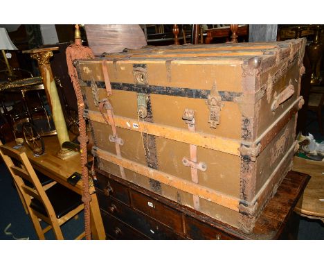 A LATE 19TH CENTURY METAL AND WOODEN BOUND WALL TRUNK, width 95cm x depth 57cm x height 65cm