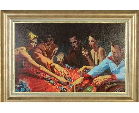 GABE LEONARD (AMERICAN CONTEMPORARY) 'POINT INSTANCE' A GROUP OF FIGURES IN A CASINO, a limited edition print 23/49, signed b