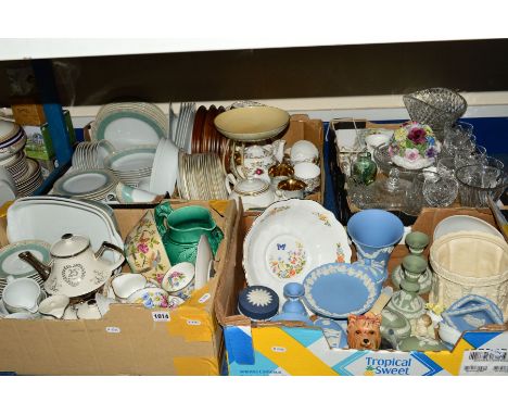 FIVE BOXES OF CERAMICS AND GLASS ETC, to include Wedgwood 'Aztec' part dinner service, Wedgwood blue and green jasperware, Du