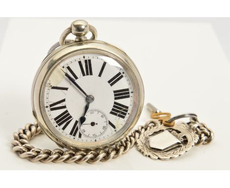 A SILVER PLATED ACHILLE POCKET WATCH, with Albert chain and fob, damaged white enamel Roman numeral dial with subsidiary dial