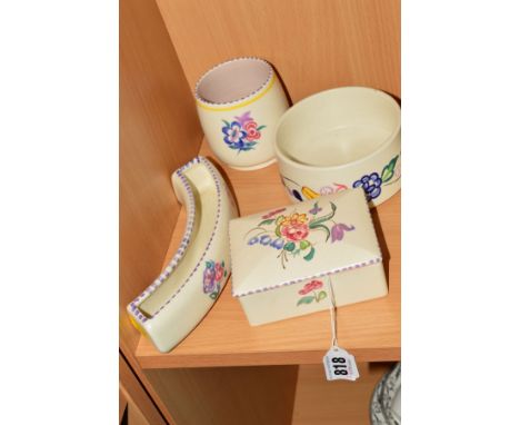 FOUR PIECES OF POOLE POTTERY to include rectangular covered box, impressed backstamp, etc (4)
