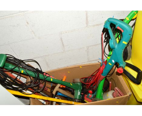 A COLLECTION OF GARDEN HAND TOOLS, together with two electric weed sweepers and Bosch strimmer