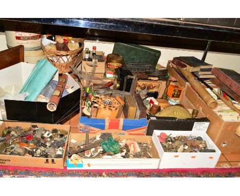 NINE BOXES OF SUNDRY ITEMS to include vintage tins, treen items, brass candlesticks, vintage medicine tins, B.O.A.C. VC10 bag
