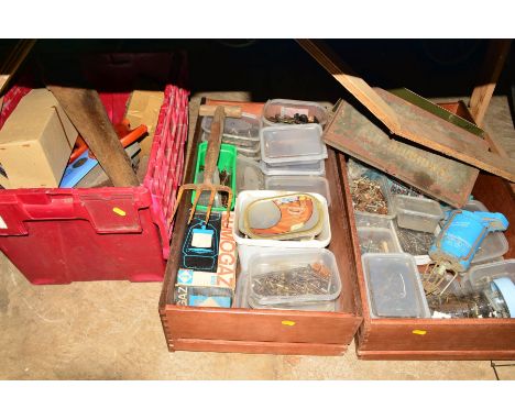 THREE BOXES OF VARIOUS TOOLS AND MISCELLANEOUS to include saws, nails, bolts, etc, a set of black aluminium step ladders and 