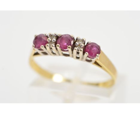 A MODERN RUBY AND DIAMOND FIVE STONE HALF HOOP RING, ring size O1/2, stamped '585', approximate gross weight 2.4 grams