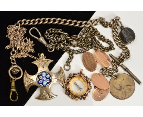 A PAIR OF 9CT GOLD CUFFLINKS, A SILVER PENDANT, TWO ALBERT CHAINS AND A COMPASS FOB, the oval chain link cufflinks with bande