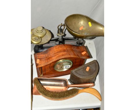A SMALL MANTEL CLOCK, Arabic numeral dial and marked 'A. L. Canham &amp; Son, London N.I', a set of Avery scales and weights,