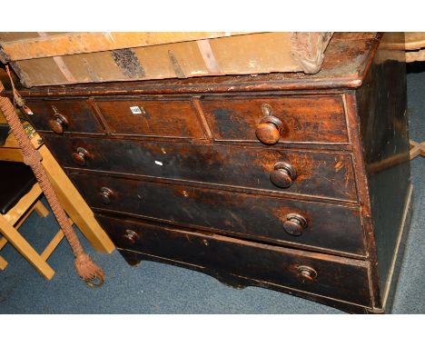 A GEORGIAN STAINED OAK CHEST OF THREE SHORT AND THREE LONG DRAWERS on bracket feet, width 117cmm x depth 56.5cm x height 96cm