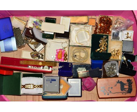 A BOX OF COSTUME JEWELLERY, to include a Spinx brooch with repeated triangular design, a rough amber piece necklace (af), a R