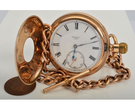 A EARLY 20TH CENTURY GOLD PLATED ELGIN POCKET WATCH, measuring approximately 52mm in diameter, white enamel dial with Roman n
