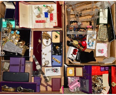 TWO BOXES OF COSTUME JEWELLERY etc, to include wristwatches, a Calibri lighter, two further lighters, necklaces, earrings, br