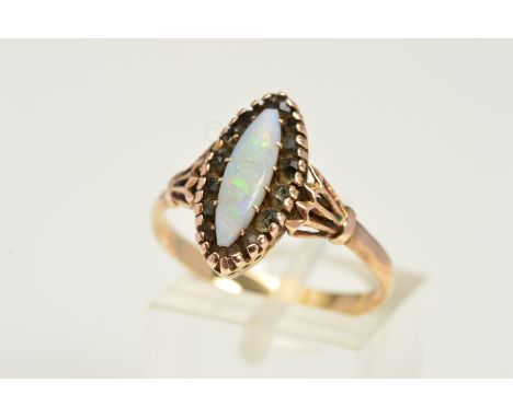 A MODERN OPAL AND GLASS STONE RING, a marquise head, measuring approximately 15.8mm in length, ring size R, stamped '9ct', ap