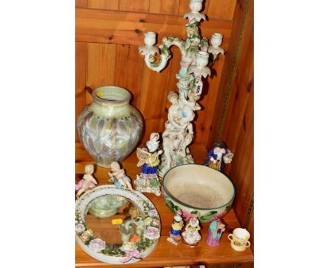 A SMALL GROUP OF POTTERY/MIRROR, ETC, to include a continental porcelain figural candelabra, encrusted with flowers and folia