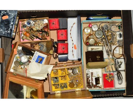 A BOX OF JEWELLERY, WATCHES ETC, to include gentleman's and lady's wrist watches and watch heads, a cased Educator 1 Hohner h