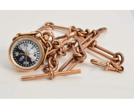 AN EARLY 20TH CENTURY 9CT ROSE GOLD DOUBLE ALBERT CHAIN, fitted to a 'T' bar and two swivel clasps, each link stamped '9.375'