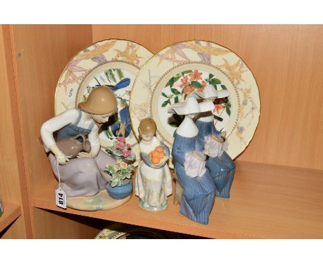 FOUR LLADRO FIGURES, to include 'Watering the flower pots' No 1376 (flower loose and some chips), height 21.5cm, 'Valencian G