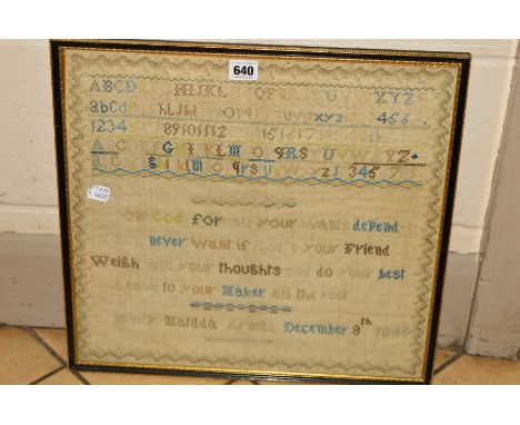AN EARLY VICTORIAN SAMPLER comprising an alphabet and religious motto, dated December 8th 1848 - some fading