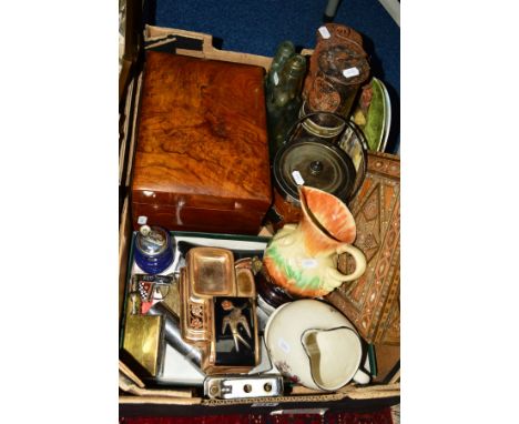 A BOX OF COLLECTABLES, TREEN AND CERAMICS, including novelty cigarette lighters, a miner's lamp, a Victorian work box lacking