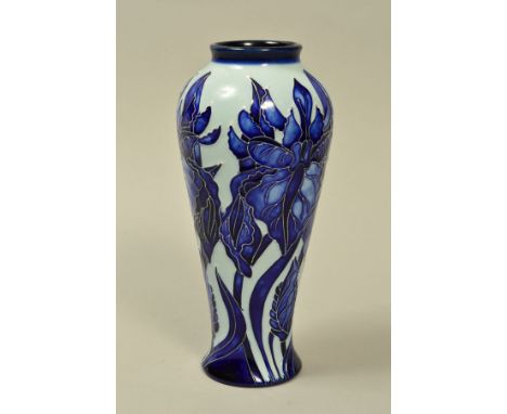 A MOORCROFT POTTERY VASE, 'Windrush Blue on Blue' pattern, impressed backstamp and painted 2001 to base, height 20cm 