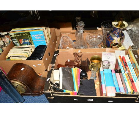 TWO BOXES AND LOOSE SUNDRY ITEMS to include cut glass decanters, vase, bowl, storage jars, Caithness vase, modern Chinese bal